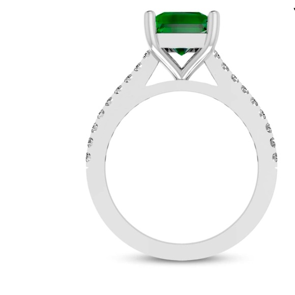 Octagon-Cut Emerald & White Lab-Created Sapphire Ring in Sterling Silver. - Picture 2 of 7